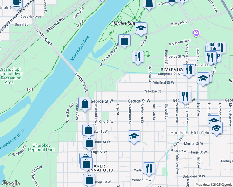 map of restaurants, bars, coffee shops, grocery stores, and more near 500 Ohio Street in Saint Paul