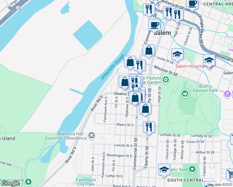 map of restaurants, bars, coffee shops, grocery stores, and more near 302 Owens Street South in Salem