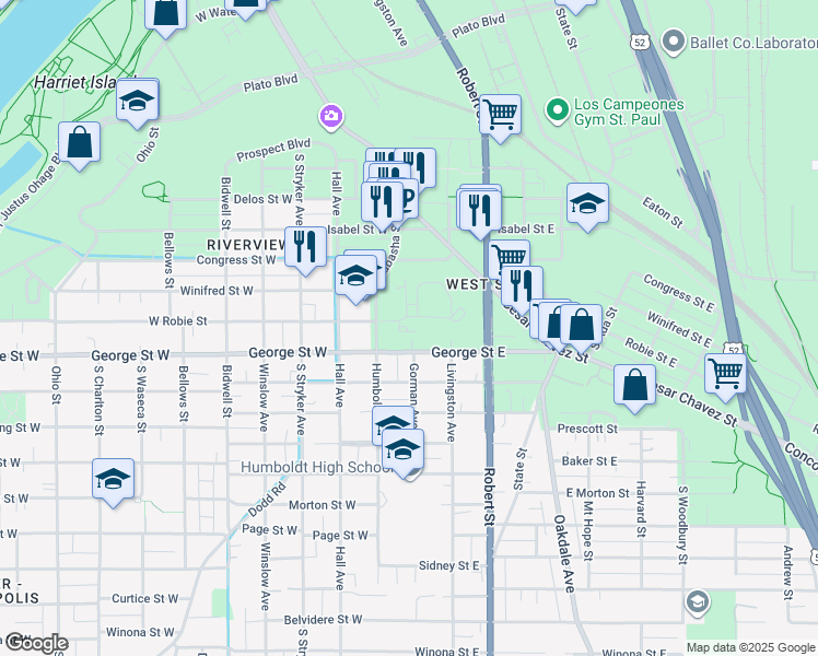 map of restaurants, bars, coffee shops, grocery stores, and more near 512 Humboldt Ave in St Paul