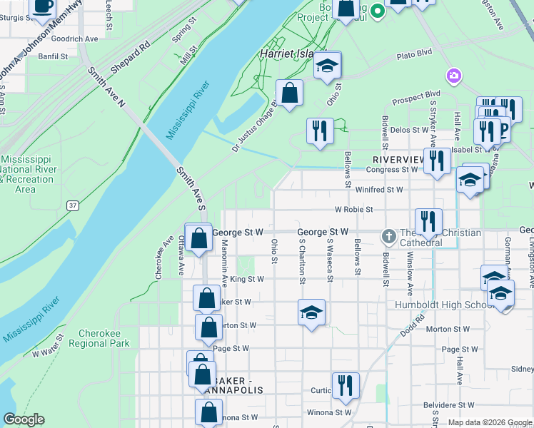 map of restaurants, bars, coffee shops, grocery stores, and more near 500 Ohio Street in Saint Paul