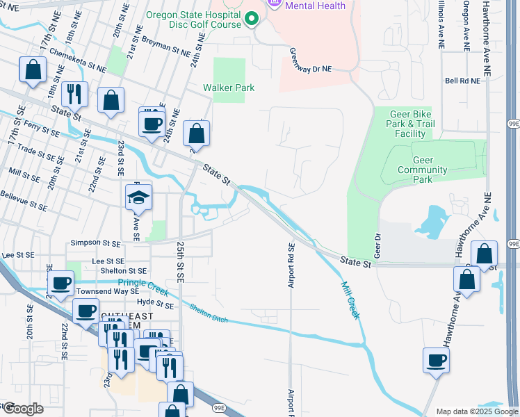 map of restaurants, bars, coffee shops, grocery stores, and more near 455 Airport Road Southeast in Salem
