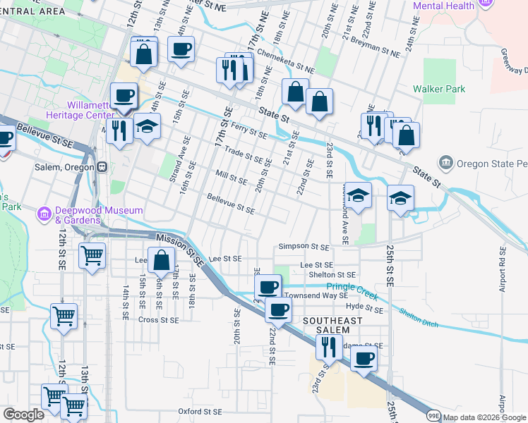 map of restaurants, bars, coffee shops, grocery stores, and more near 425 21st Street Southeast in Salem