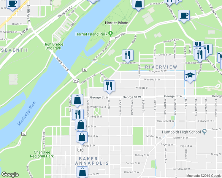 map of restaurants, bars, coffee shops, grocery stores, and more near 500 Ohio Street in Saint Paul