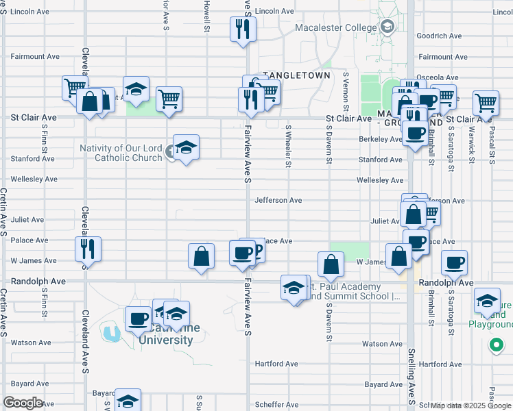 map of restaurants, bars, coffee shops, grocery stores, and more near 1817 Jefferson Avenue in Saint Paul