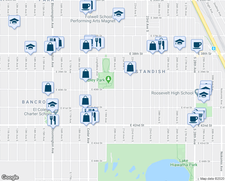 map of restaurants, bars, coffee shops, grocery stores, and more near 1900 East 40th Street in Minneapolis