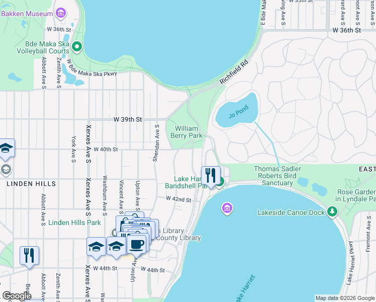map of restaurants, bars, coffee shops, grocery stores, and more near 4000 Queen Avenue South in Minneapolis
