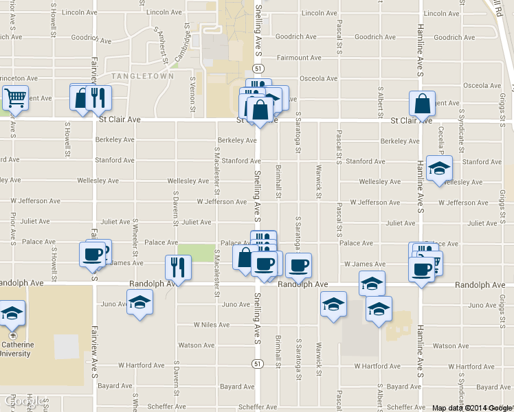 map of restaurants, bars, coffee shops, grocery stores, and more near 350 Snelling Avenue South in Saint Paul