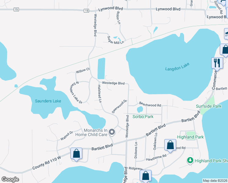 map of restaurants, bars, coffee shops, grocery stores, and more near 2640 Setter Circle in Mound