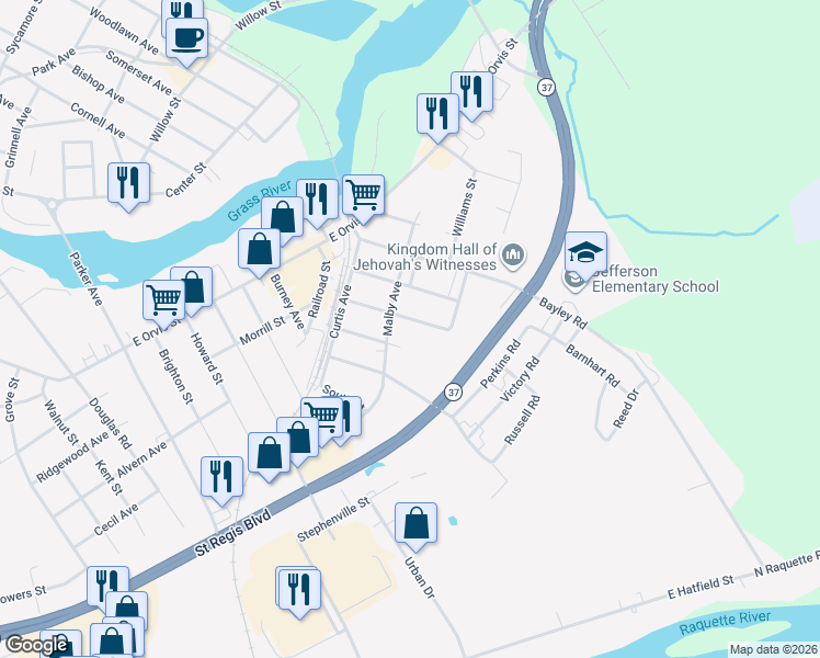 map of restaurants, bars, coffee shops, grocery stores, and more near 62 Malby Ave in Massena