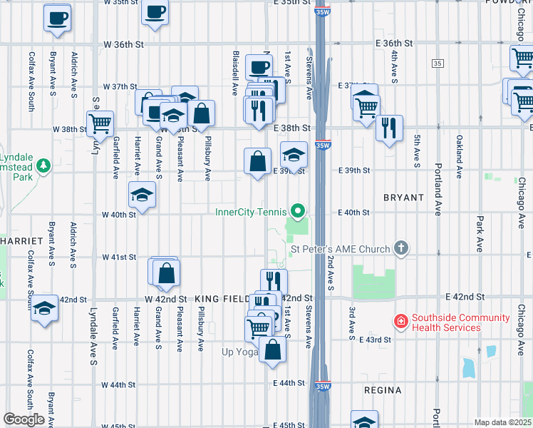 map of restaurants, bars, coffee shops, grocery stores, and more near Nicollet Avenue in Minneapolis