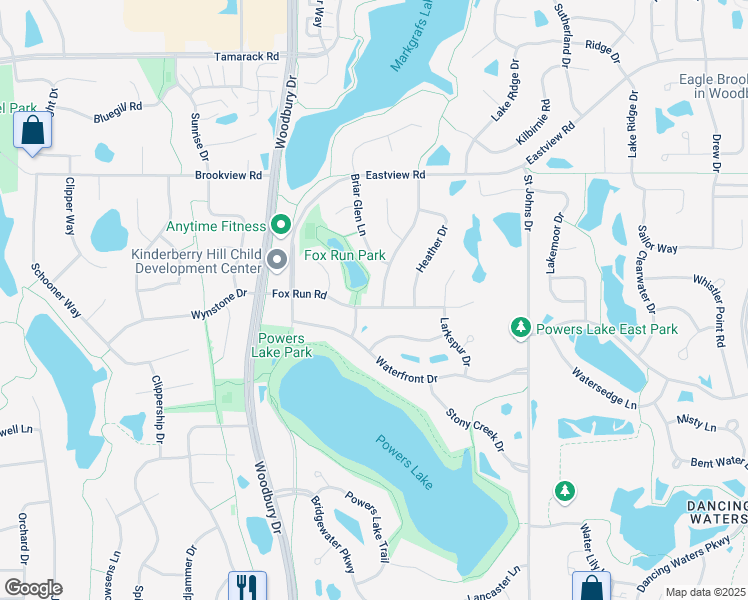 map of restaurants, bars, coffee shops, grocery stores, and more near 1119 Bonnieview Drive in Woodbury