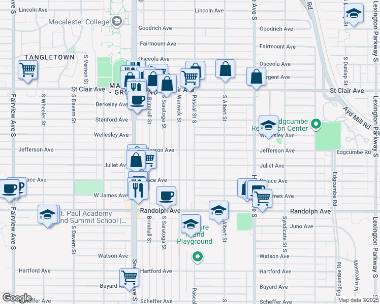 map of restaurants, bars, coffee shops, grocery stores, and more near 349 Pascal Street South in Saint Paul