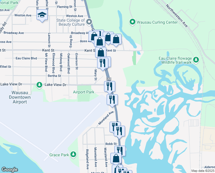 map of restaurants, bars, coffee shops, grocery stores, and more near 107 Lake View Drive in Schofield