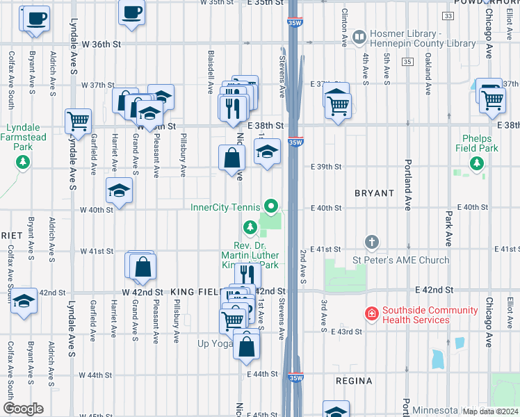 map of restaurants, bars, coffee shops, grocery stores, and more near 3939 1st Avenue South in Minneapolis