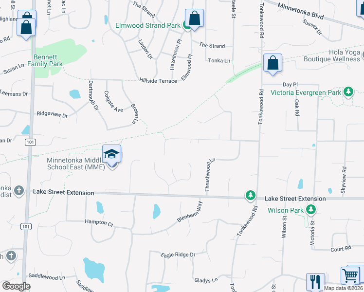 map of restaurants, bars, coffee shops, grocery stores, and more near 16508 Hidden Valley Road in Minnetonka