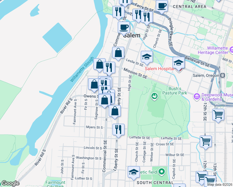 map of restaurants, bars, coffee shops, grocery stores, and more near 1067 Liberty Street Southeast in Salem
