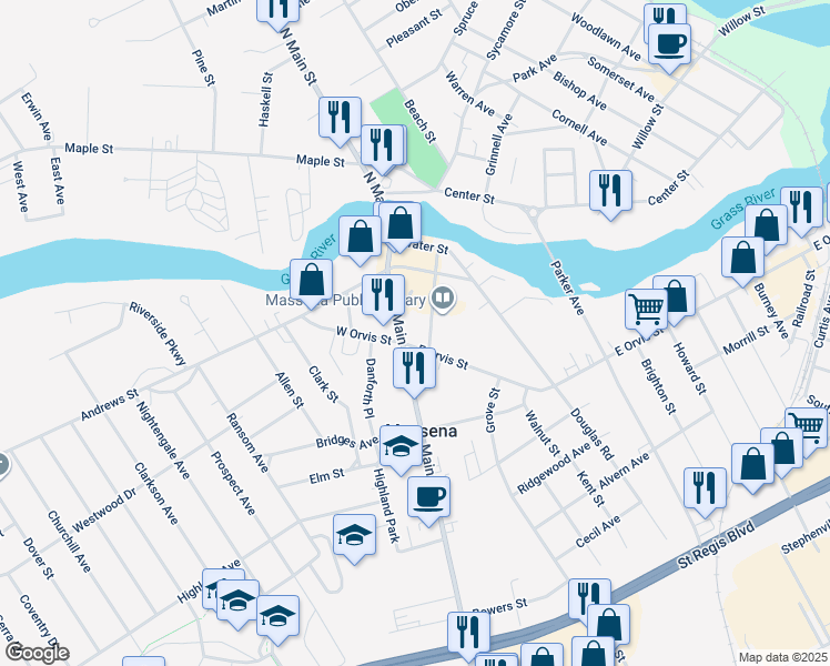 map of restaurants, bars, coffee shops, grocery stores, and more near 44 Glenn St in Massena