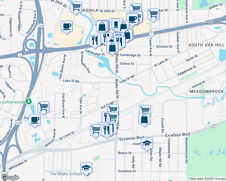 map of restaurants, bars, coffee shops, grocery stores, and more near 1010 Lake Street Northeast in Hopkins