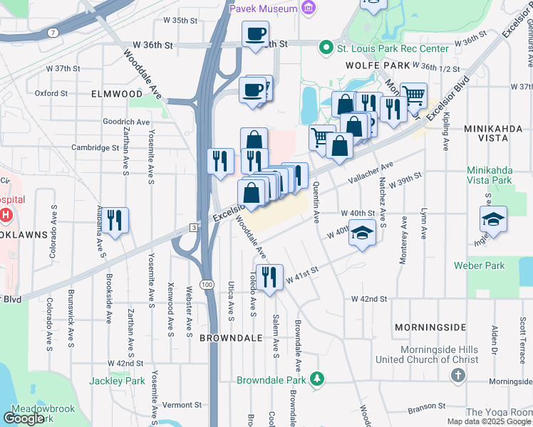 map of restaurants, bars, coffee shops, grocery stores, and more near 5169 Excelsior Boulevard in Minneapolis