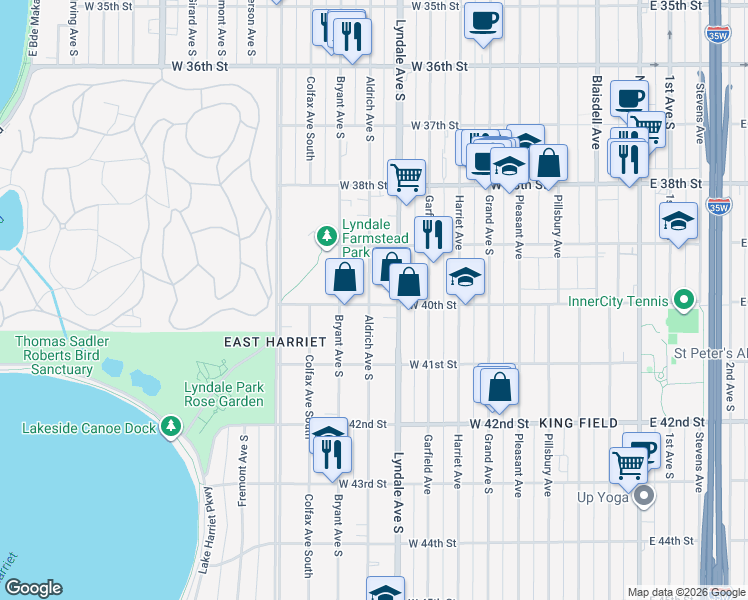 map of restaurants, bars, coffee shops, grocery stores, and more near 3941 Aldrich Avenue South in Minneapolis