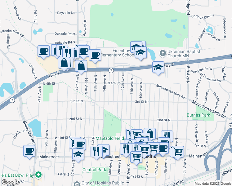 map of restaurants, bars, coffee shops, grocery stores, and more near 334 12th Avenue North in Hopkins