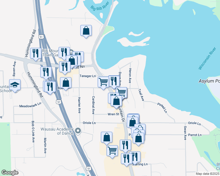 map of restaurants, bars, coffee shops, grocery stores, and more near Rib Mountain Drive in Wausau
