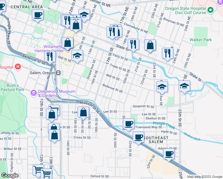 map of restaurants, bars, coffee shops, grocery stores, and more near 480 18th Street Southeast in Salem