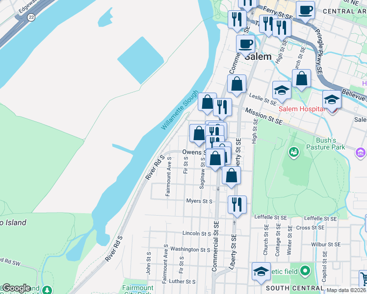 map of restaurants, bars, coffee shops, grocery stores, and more near 280 Bush Street South in Salem