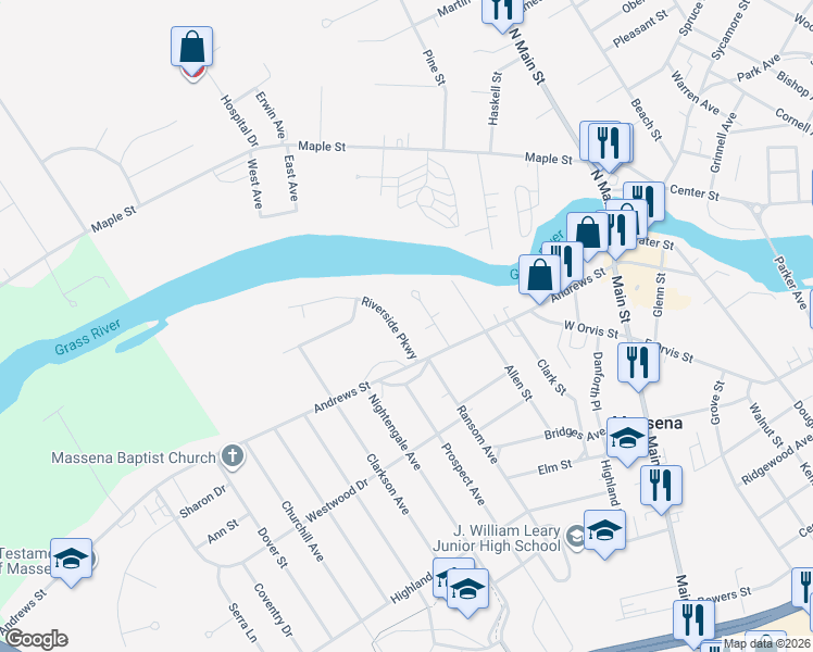 map of restaurants, bars, coffee shops, grocery stores, and more near 14 Hillcrest Ave in Massena