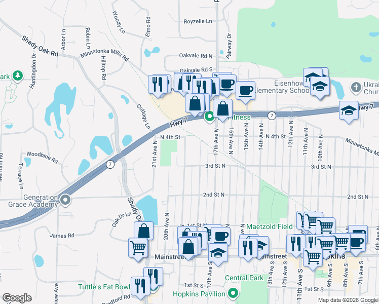 map of restaurants, bars, coffee shops, grocery stores, and more near 342 18th Avenue North in Hopkins