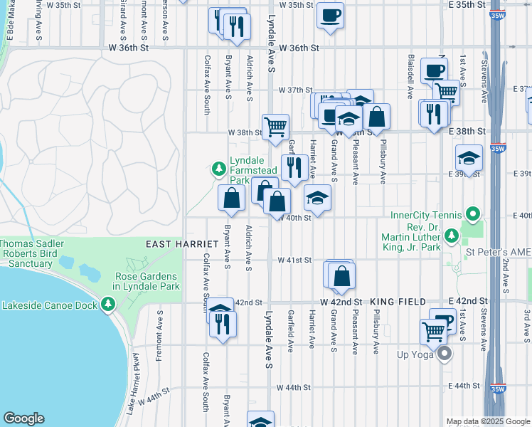 map of restaurants, bars, coffee shops, grocery stores, and more near 3945 Lyndale Avenue South in Minneapolis