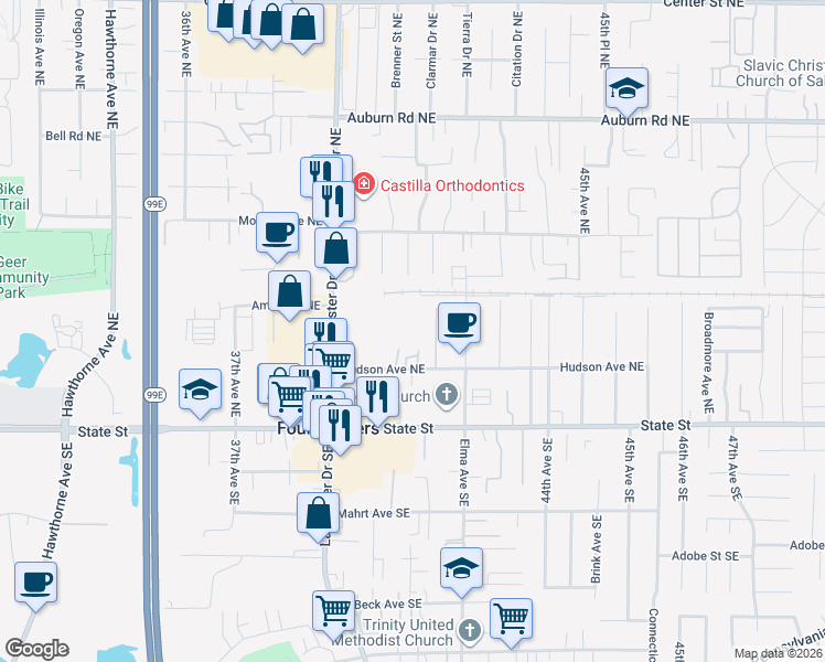 map of restaurants, bars, coffee shops, grocery stores, and more near 280 Lancaster Drive Northeast in Salem