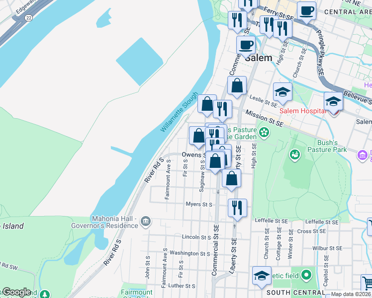 map of restaurants, bars, coffee shops, grocery stores, and more near 1057 Fir Street South in Salem