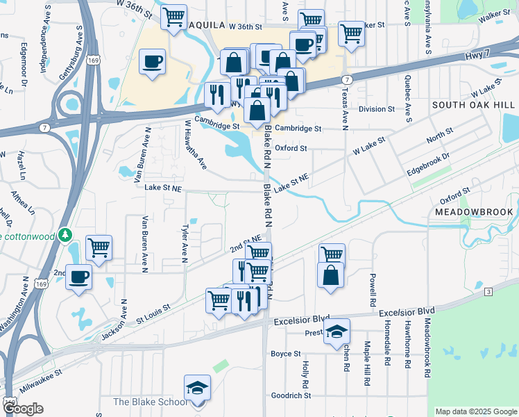 map of restaurants, bars, coffee shops, grocery stores, and more near 1010 Lake Street Northeast in Hopkins