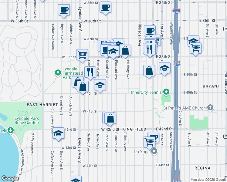 map of restaurants, bars, coffee shops, grocery stores, and more near 3940 Pleasant Avenue in Minneapolis