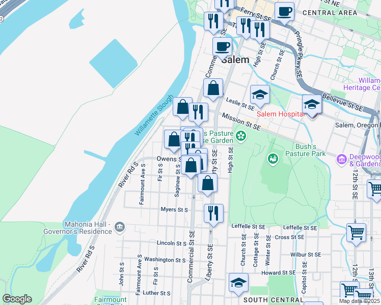 map of restaurants, bars, coffee shops, grocery stores, and more near 160 Bush Street South in Salem