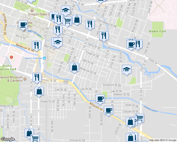 map of restaurants, bars, coffee shops, grocery stores, and more near Bellevue St SE & 19th St SE in Salem