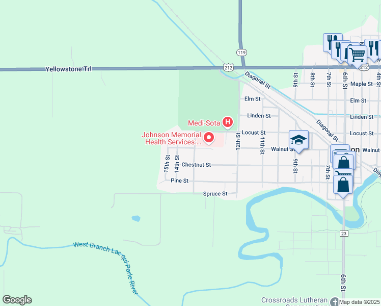 map of restaurants, bars, coffee shops, grocery stores, and more near 618 Memorial Place in Dawson