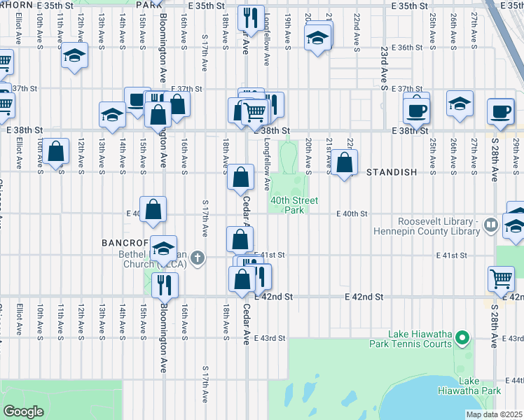 map of restaurants, bars, coffee shops, grocery stores, and more near 3944 Longfellow Avenue in Minneapolis