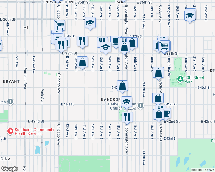 map of restaurants, bars, coffee shops, grocery stores, and more near 3946 14th Avenue South in Minneapolis