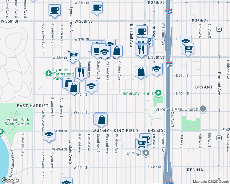 map of restaurants, bars, coffee shops, grocery stores, and more near 3944 Pillsbury Avenue in Minneapolis