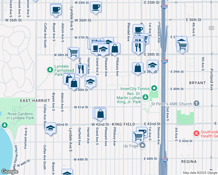 map of restaurants, bars, coffee shops, grocery stores, and more near 3944 Pillsbury Avenue in Minneapolis