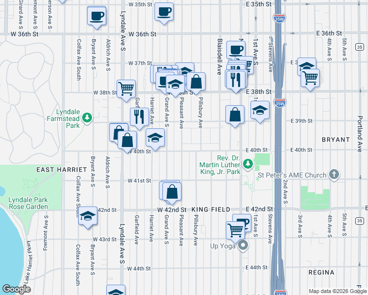 map of restaurants, bars, coffee shops, grocery stores, and more near 3940 Pleasant Avenue in Minneapolis