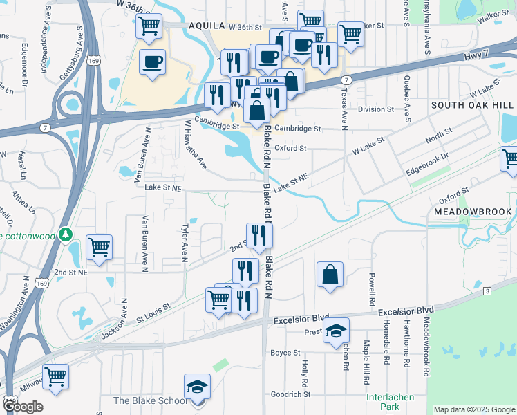 map of restaurants, bars, coffee shops, grocery stores, and more near 1010 Lake Street Northeast in Hopkins