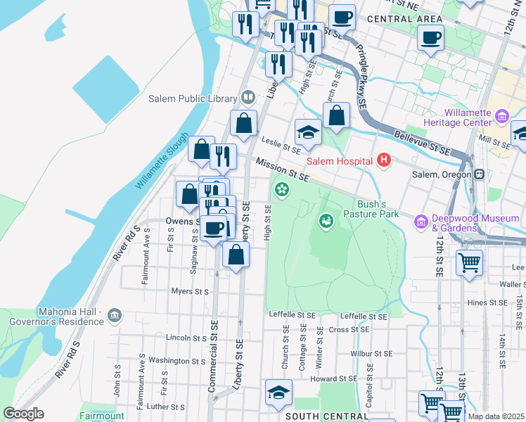 map of restaurants, bars, coffee shops, grocery stores, and more near 1043 High Street Southeast in Salem