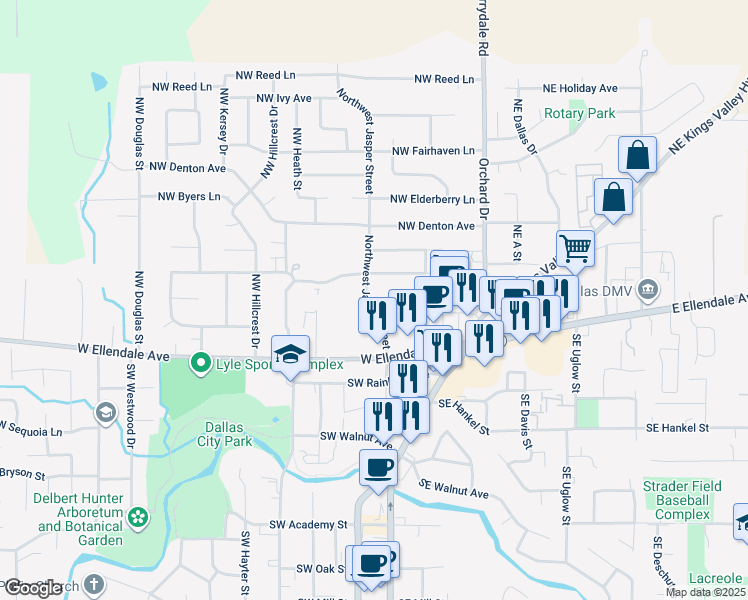 map of restaurants, bars, coffee shops, grocery stores, and more near 250 W Ellendale Ave in Dallas