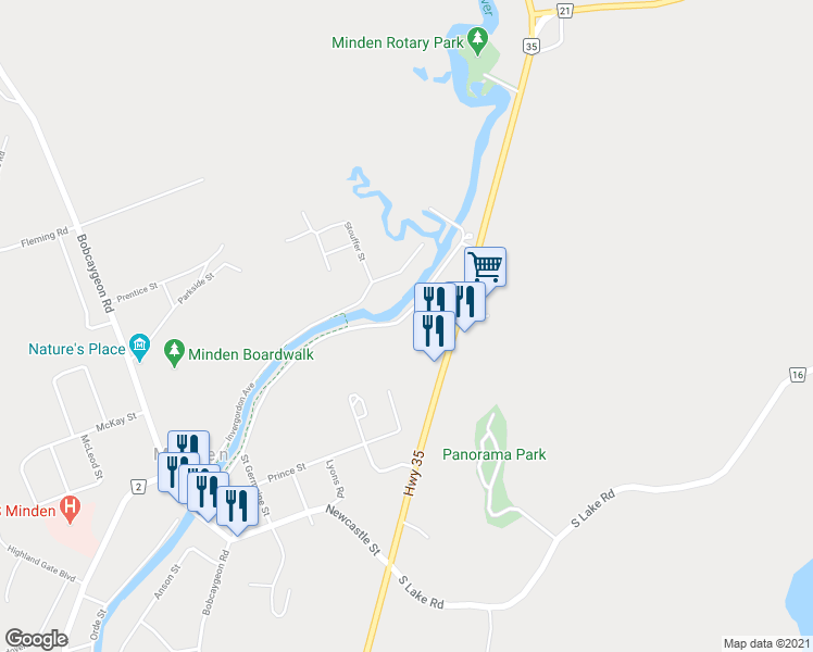 map of restaurants, bars, coffee shops, grocery stores, and more near 86 Water Street in Minden