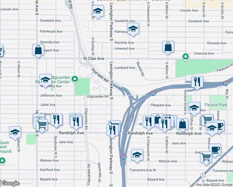 map of restaurants, bars, coffee shops, grocery stores, and more near 360 Lexington Pkwy S in St Paul