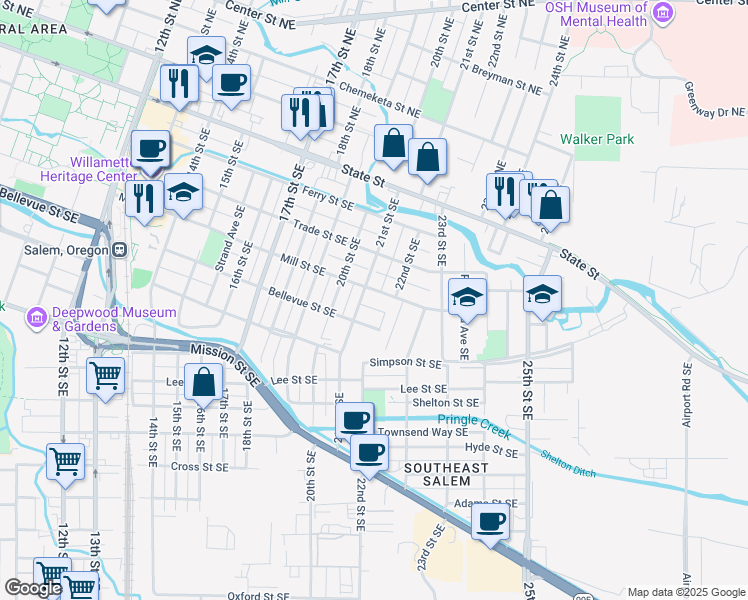 map of restaurants, bars, coffee shops, grocery stores, and more near 425 21st Street Southeast in Salem