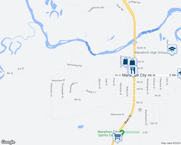 map of restaurants, bars, coffee shops, grocery stores, and more near 1122 4th Street in Marathon City
